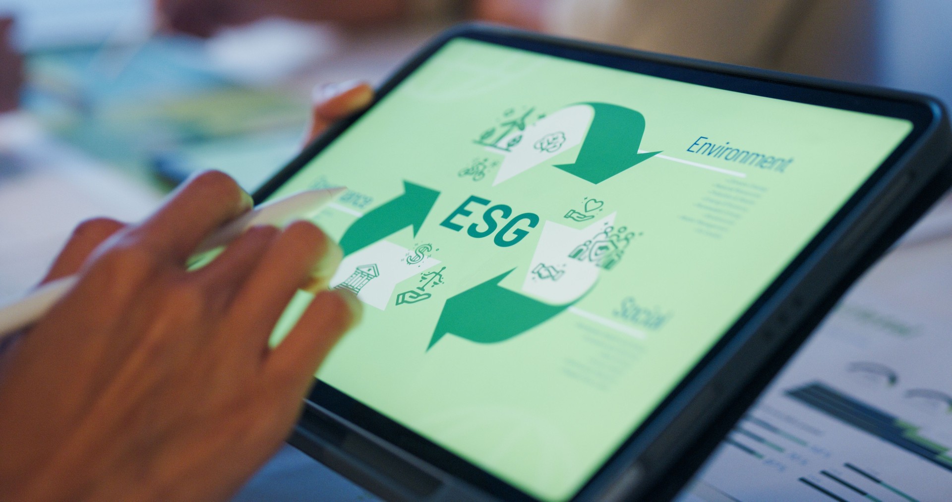 Closeup group businesspeople talk ESG strategies risk management workshop night, SDGs, global warming, green finance and investment and net zero waste lifestyle in boardroom training building.